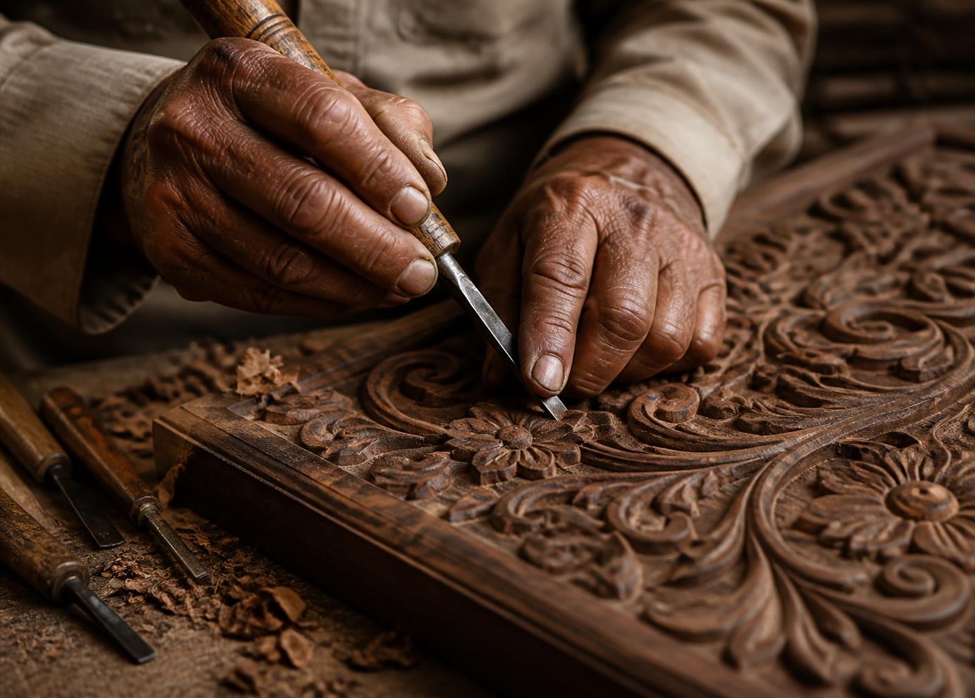 Saharanpur artisan hand-carving a floral motif into walnut wood