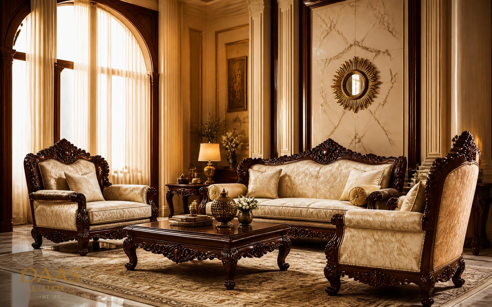 Luxury hand-carved wooden sofa set in a premium Saharanpur furniture showroom